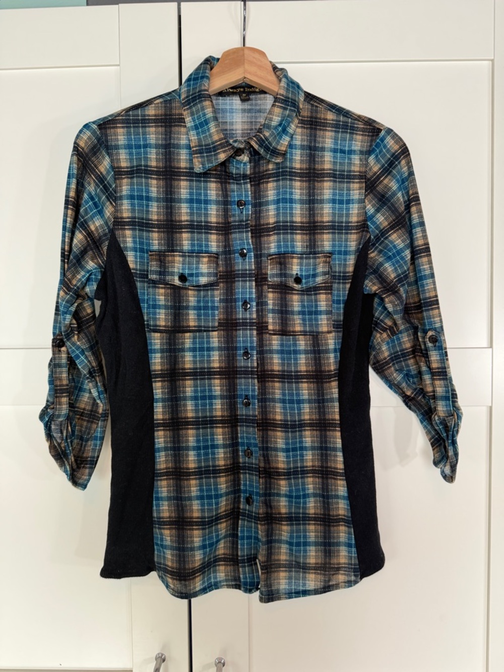 Casual Plaid Button-Down Shirt in Teal, Brown & Black B4